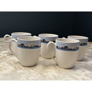 LL Bean Vacation Land Coffee Mugs Set Of 5 Lighthouse Sailboat Nubble Maine